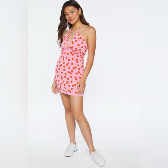 Forever 21 Cherry Print Halter Mini Dress Size Large BNWT - Picture 4 of 6
